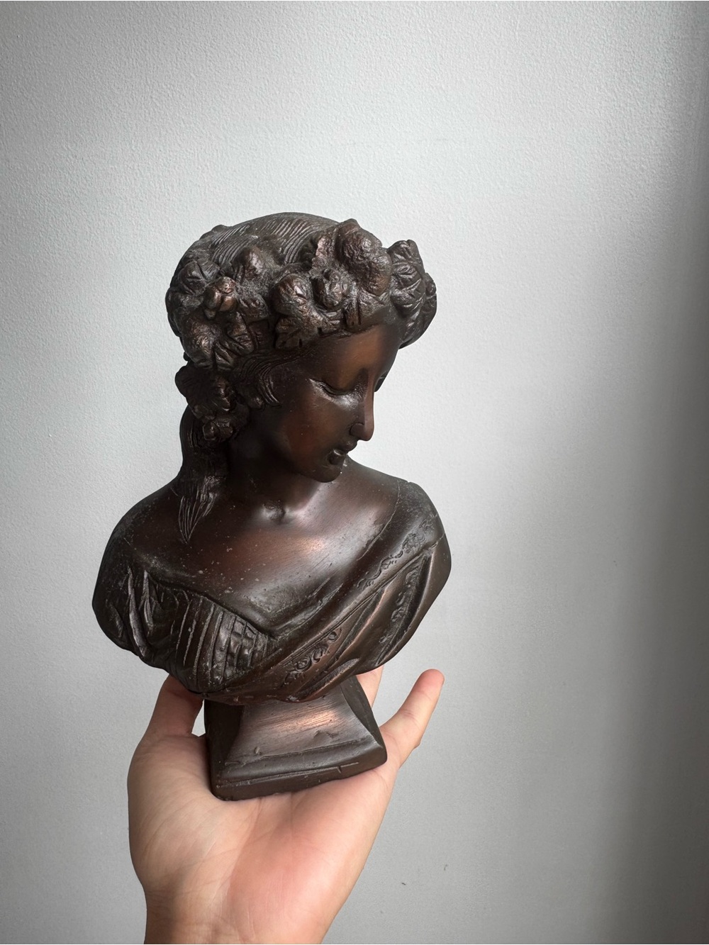 Antique Bronze Bust Lady Crowned with Flowers